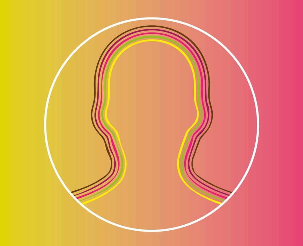 Abstract illustration of a multicolored rainbow arch inside a white circle on a warm yellow to pink gradient background.